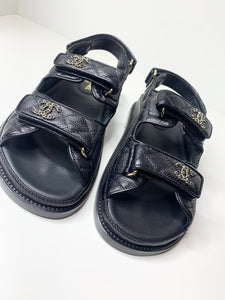 Chanel Shoes Dad Sandals Black Leather with So Black CC, Size 39.5, New in  Box GA001