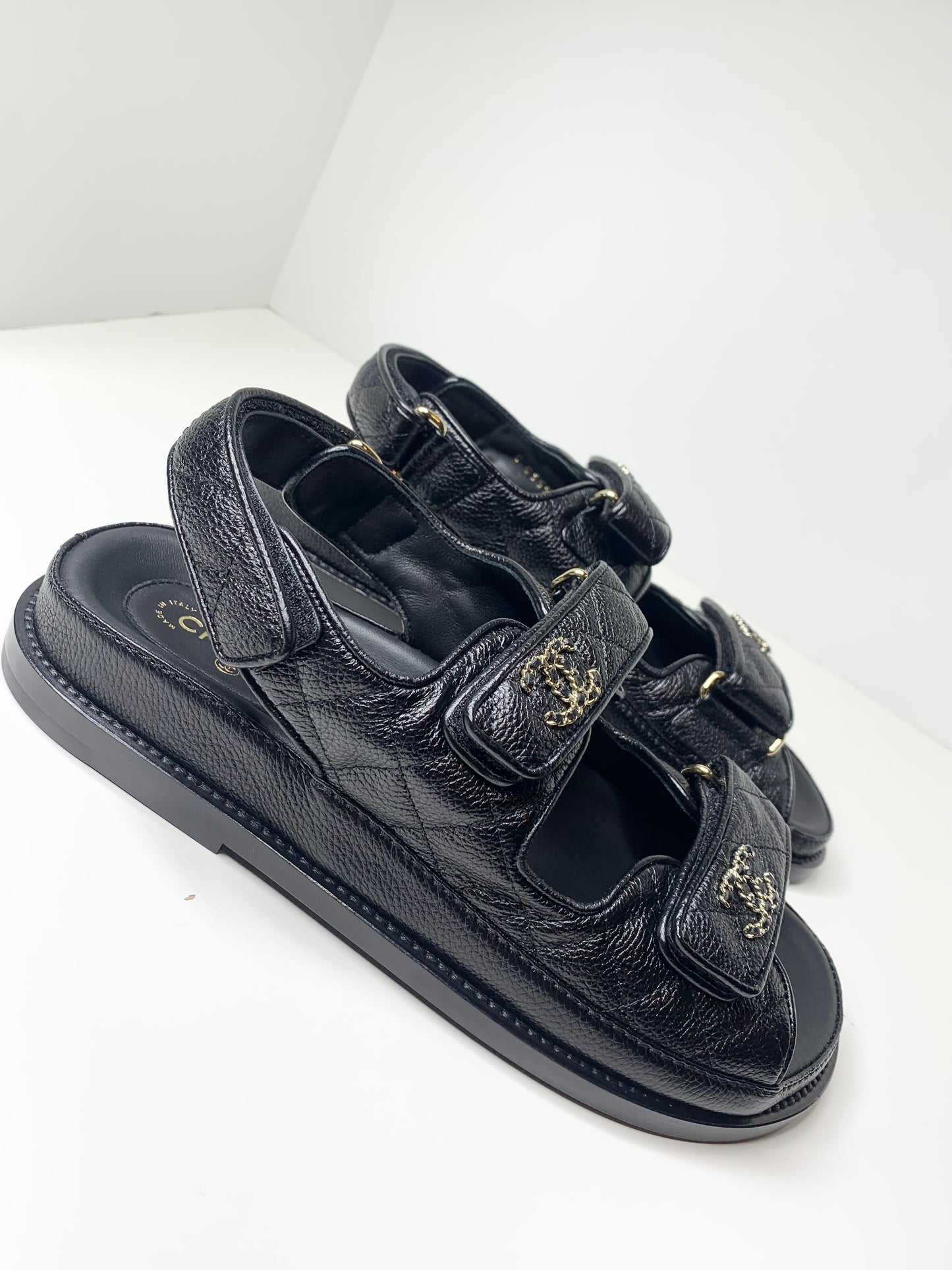 CHANEL Grained Calfskin Velcro Dad Sandals 37 Black