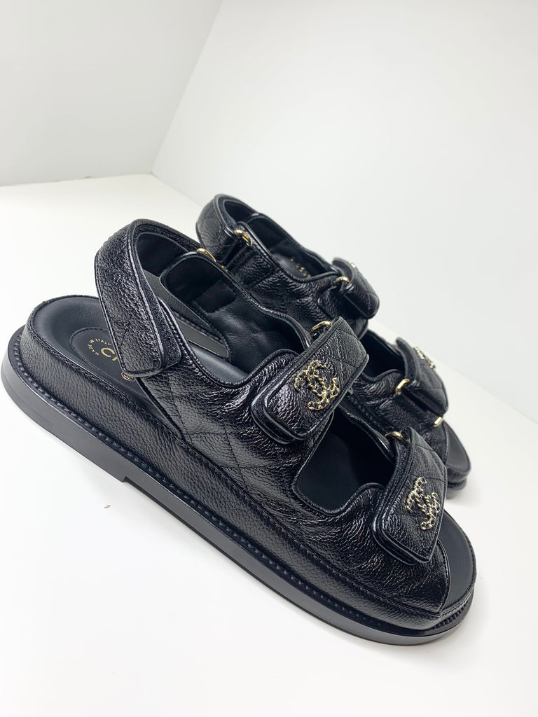 Chanel Calfskin Printed Velcro Dad Sandals 38 White Black