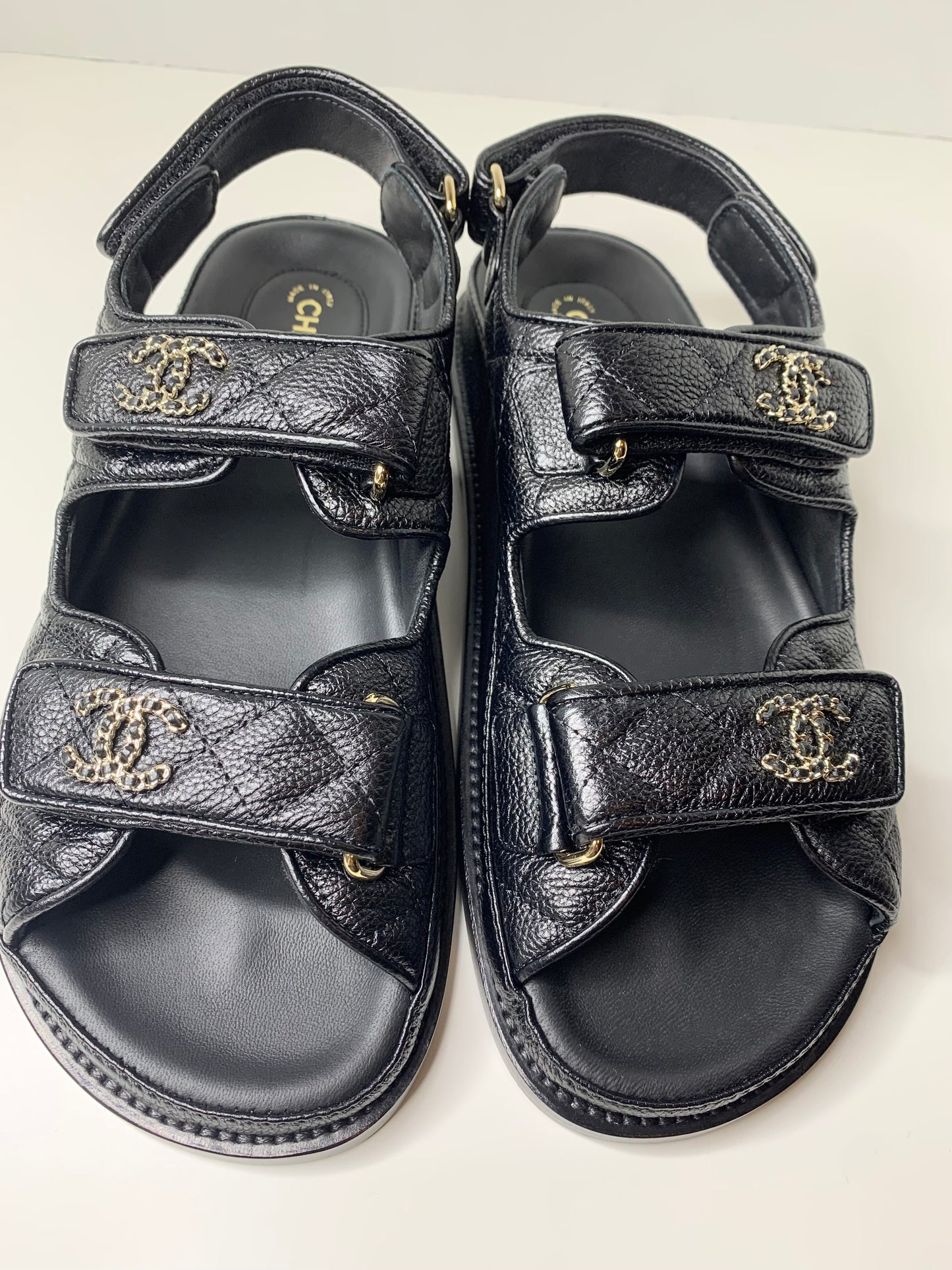 CHANEL Grained Calfskin Velcro Dad Sandals 37 Black