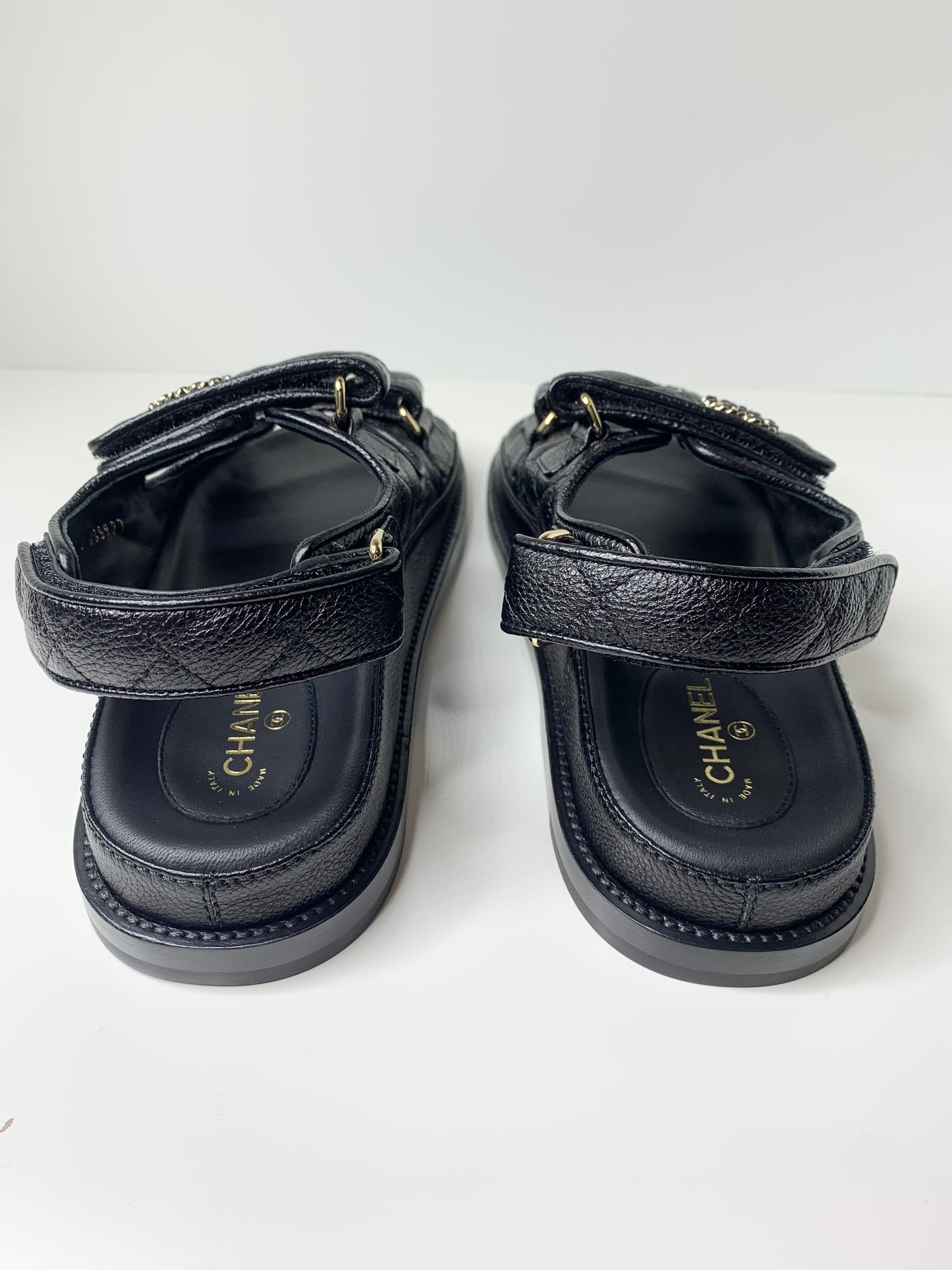 CHANEL Grained Calfskin Velcro Dad Sandals 37 Black