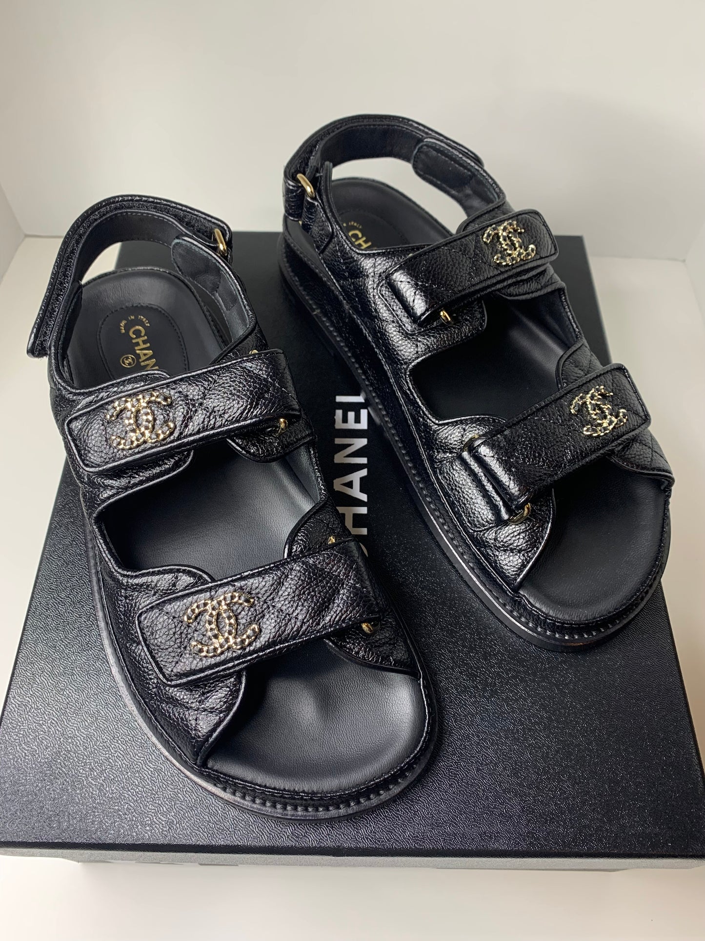 CHANEL Grained Calfskin Velcro Dad Sandals 37 Black