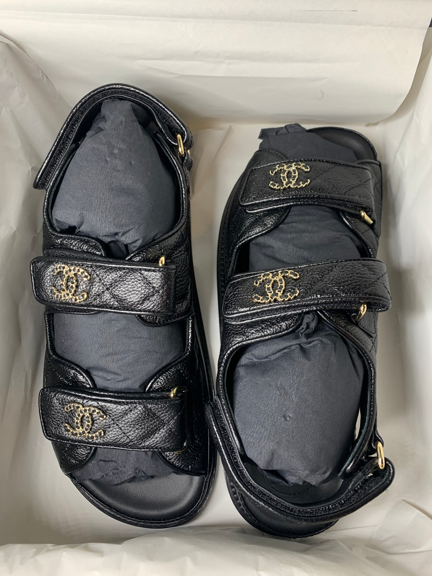 CHANEL Grained Calfskin Velcro Dad Sandals 37 Black