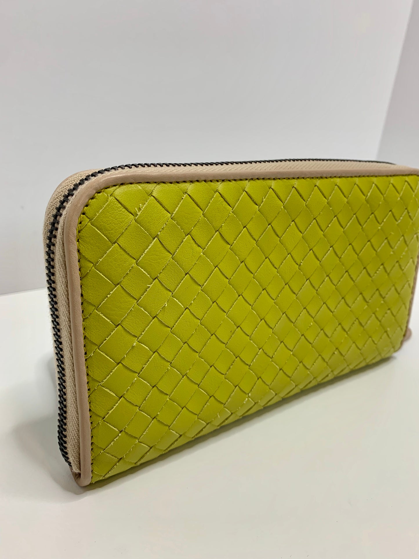 Bottega Veneta Lime Intercciato Zip Around Wallet