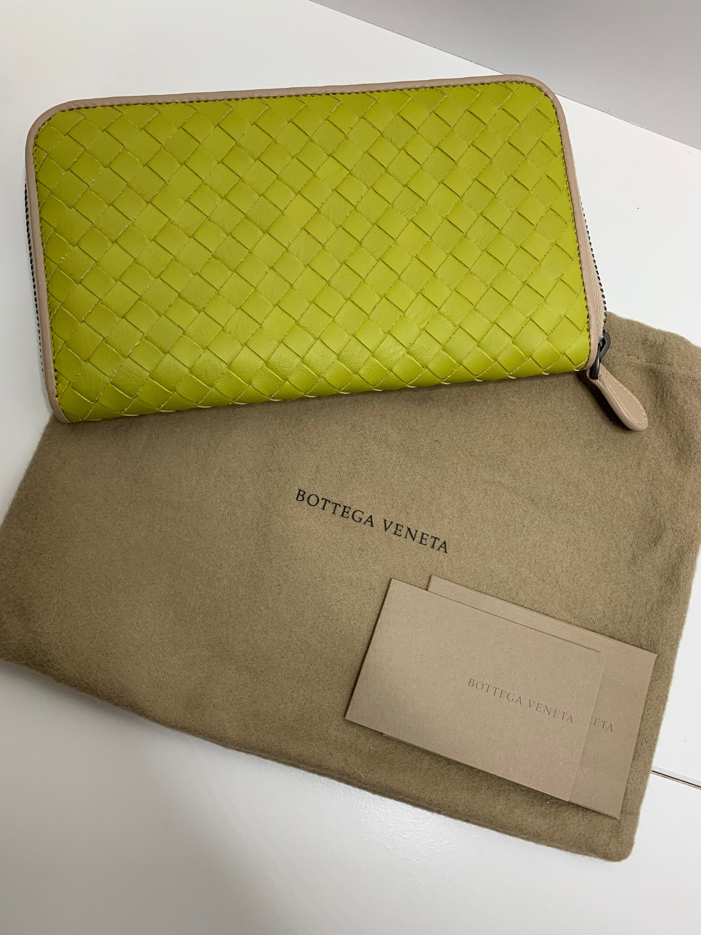 Bottega Veneta Lime Intercciato Zip Around Wallet