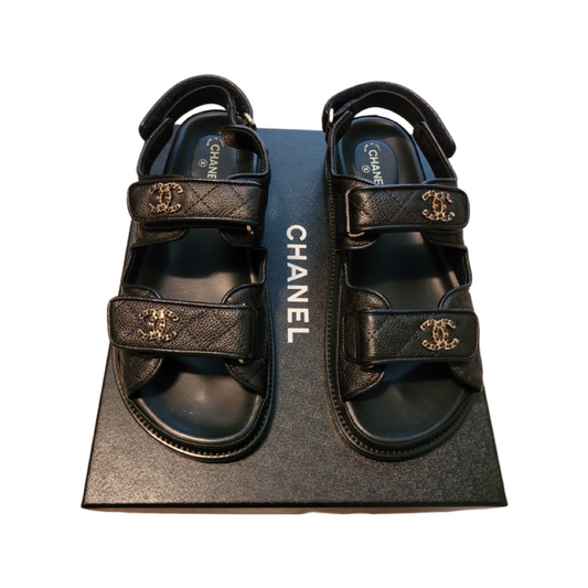 CHANEL Grained Calfskin Velcro Dad Sandals 38 Black