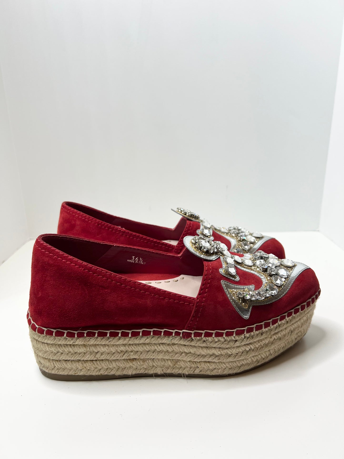 Miu Miu Red Suede Crystal Embellished Espadrilles, Size 36.5