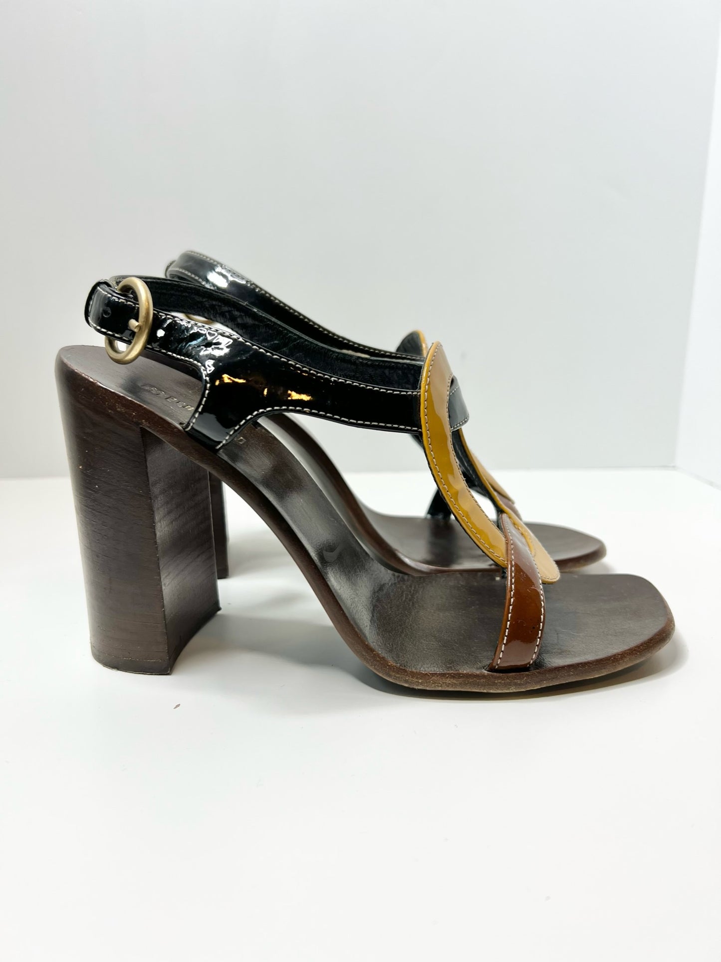 Miu Miu - Brown, Mustard & Black Color-blocked Patent Wooden Sandals, Size 38