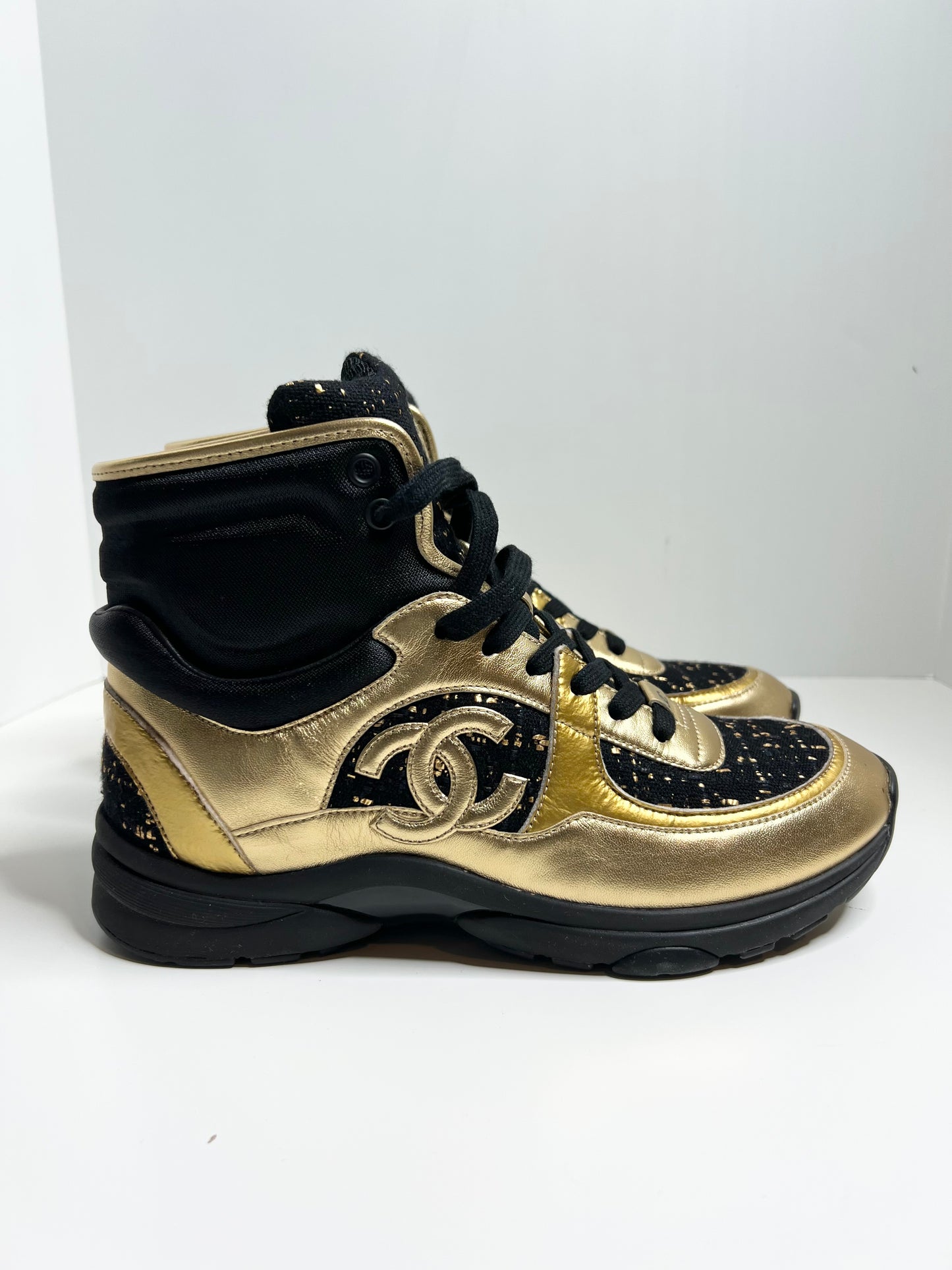 Chanel Black High Top Black & Gold Sneakers, Size 38.5