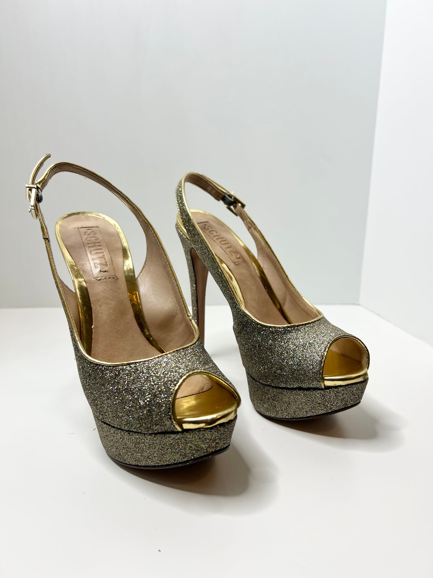 Schutz Gold Glitter Peep-toe Platform Slingbacks, Size 7