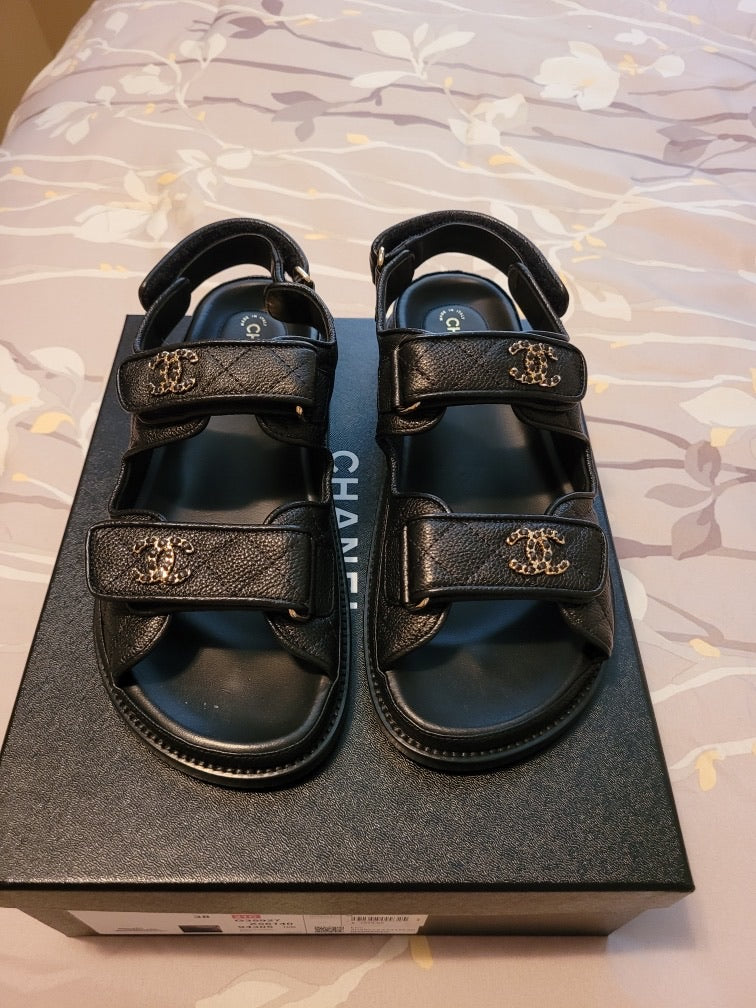 CHANEL Grained Calfskin Velcro Dad Sandals 37.5 Black 1277995
