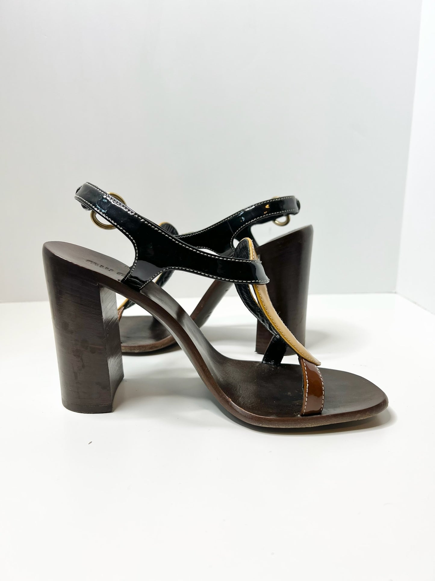 Miu Miu - Brown, Mustard & Black Color-blocked Patent Wooden Sandals, Size 38