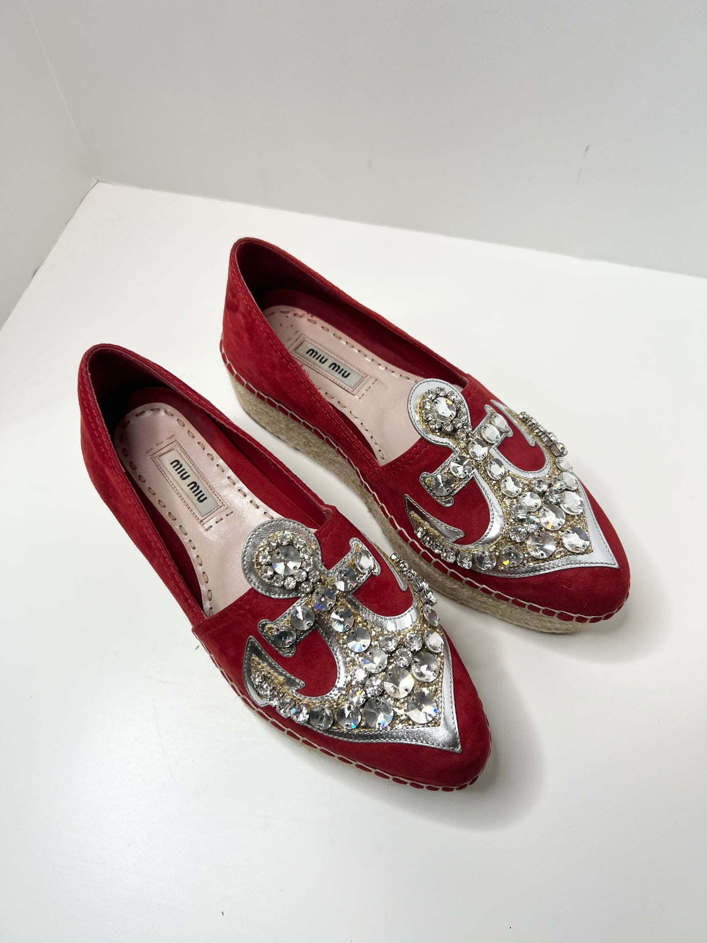 Miu Miu Red Suede Crystal Embellished Espadrilles, Size 36.5