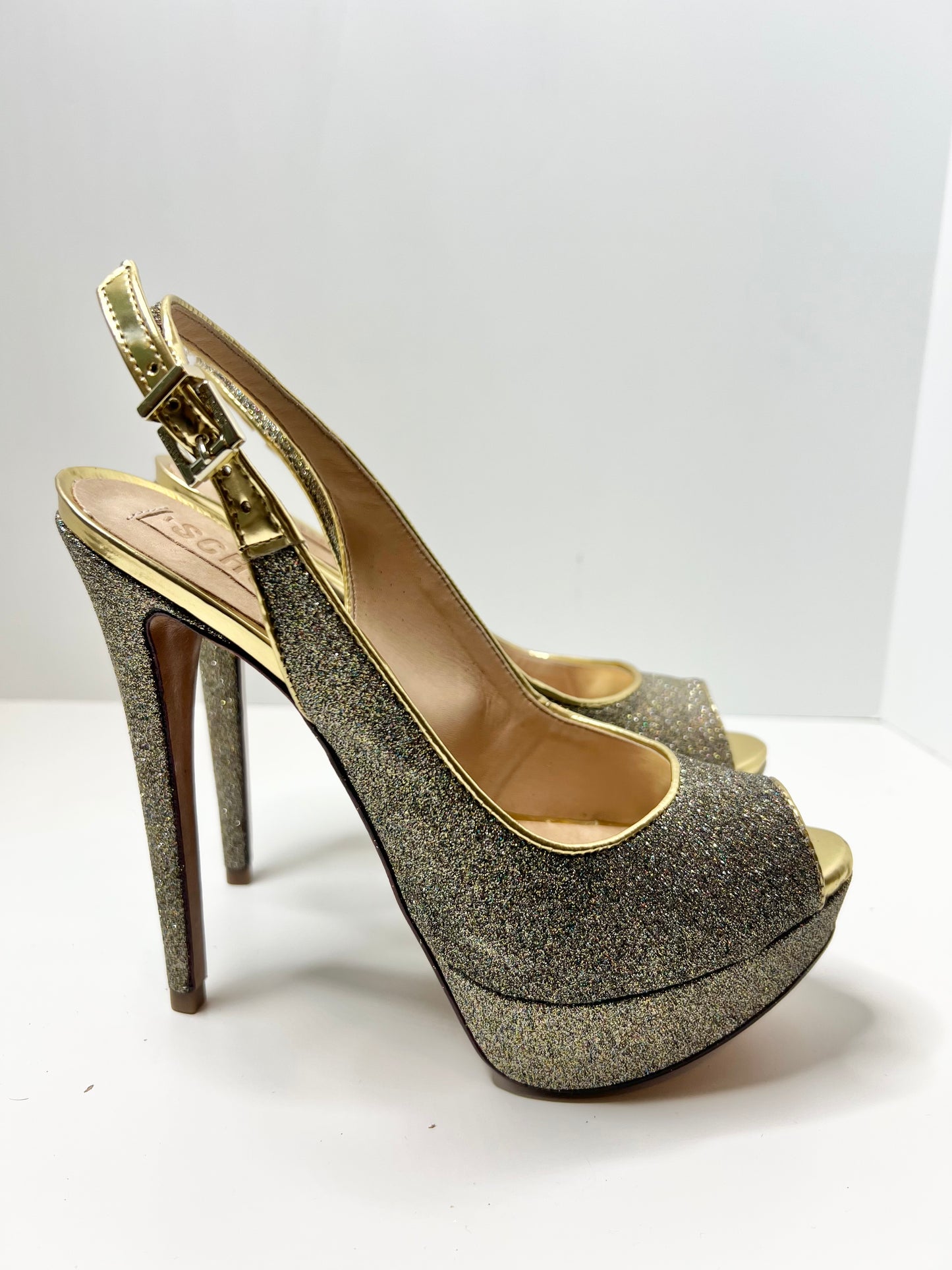 Schutz Gold Glitter Peep-toe Platform Slingbacks, Size 7