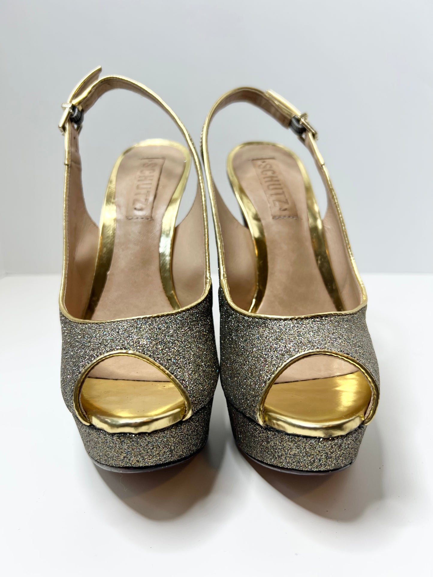 Schutz Gold Glitter Peep-toe Platform Slingbacks, Size 7