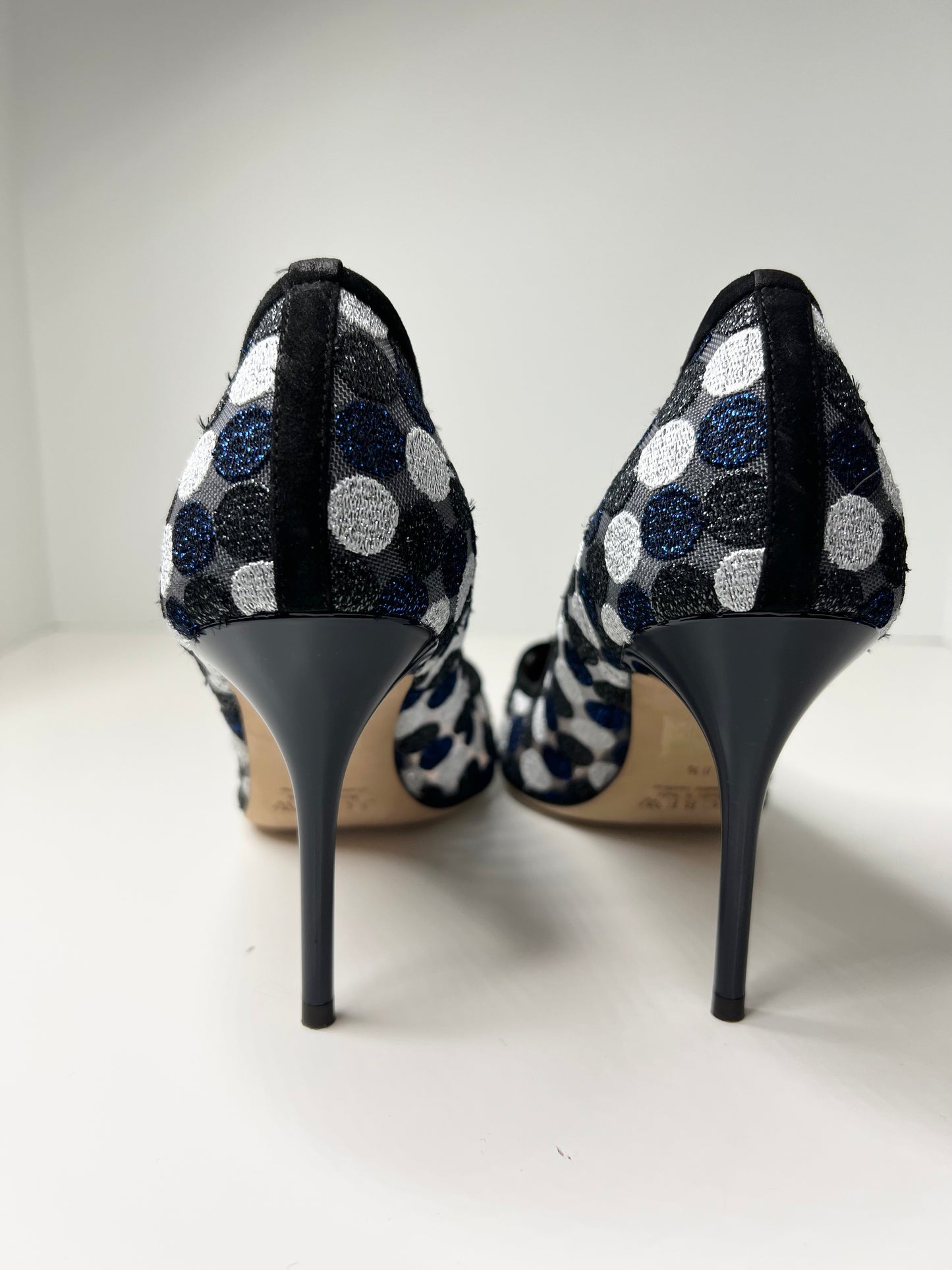 J Crew Collection Black-Navy-Silver Dotted Mesh/Suede Stiletto Size 8.5