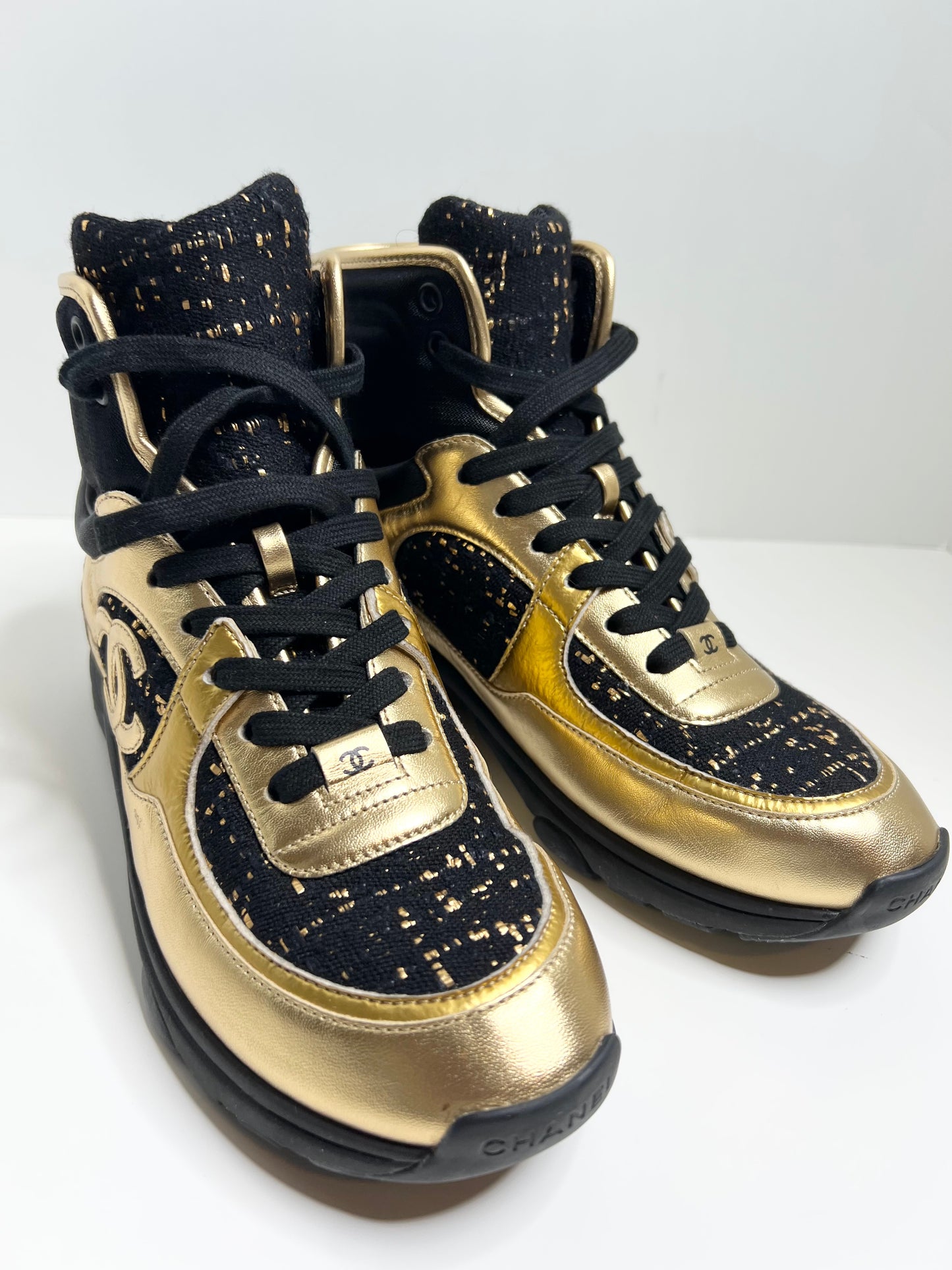 Chanel Black High Top Black & Gold Sneakers, Size 38.5