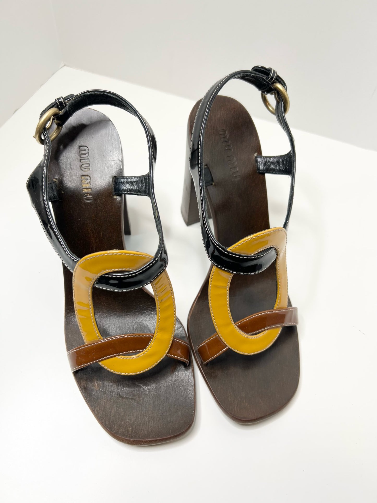 Miu Miu - Brown, Mustard & Black Color-blocked Patent Wooden Sandals, Size 38