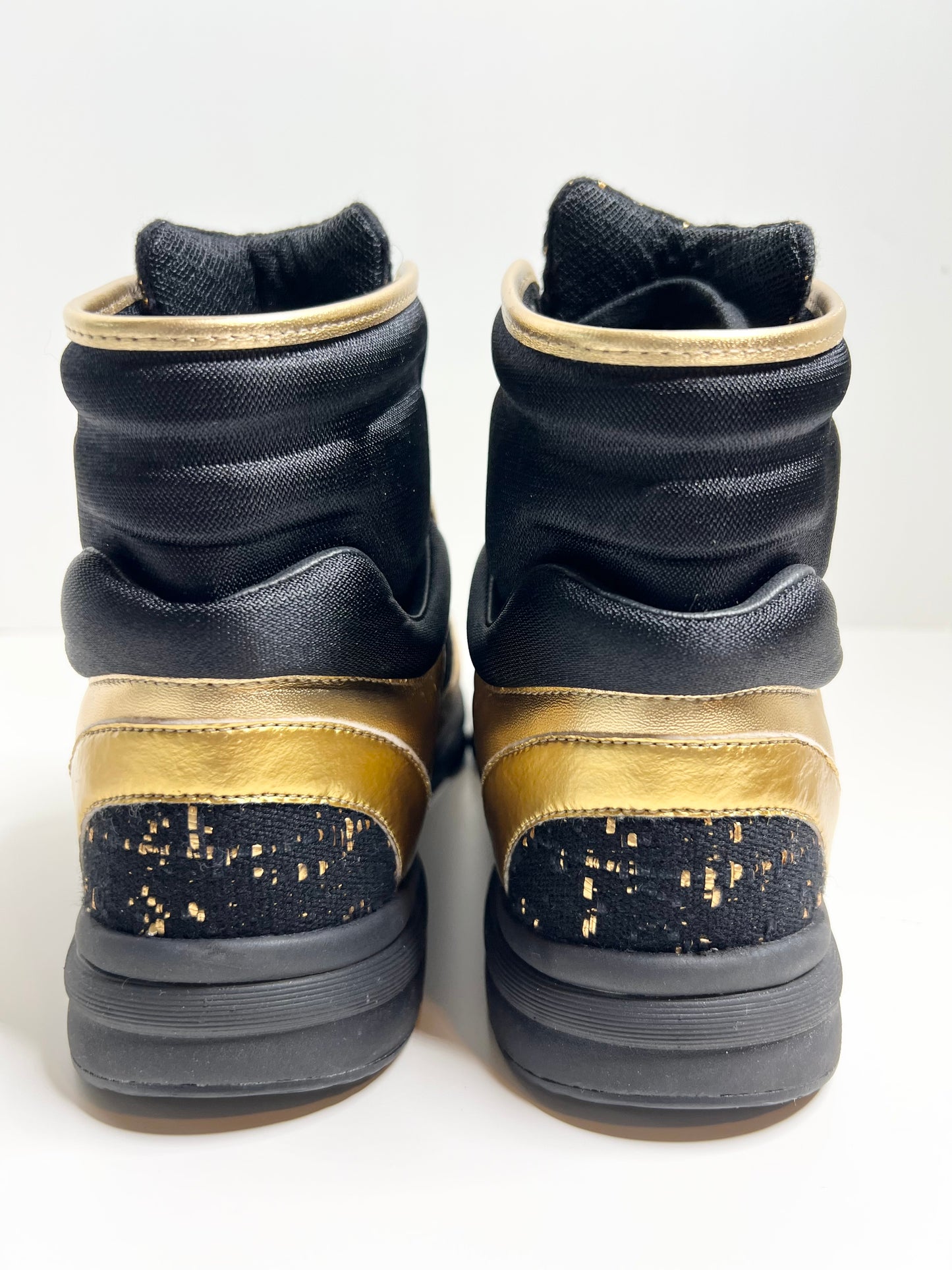 Chanel Black High Top Black & Gold Sneakers, Size 38.5