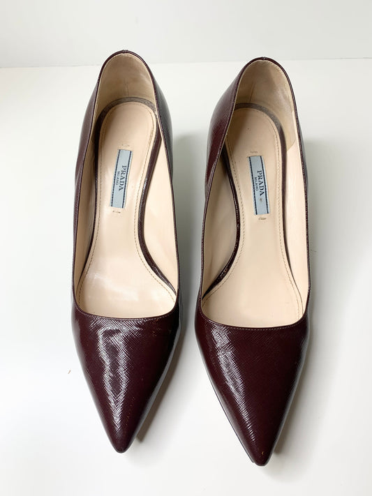 Prada Brown Saffiano Pumps w/ Metal Heel Size 38.5