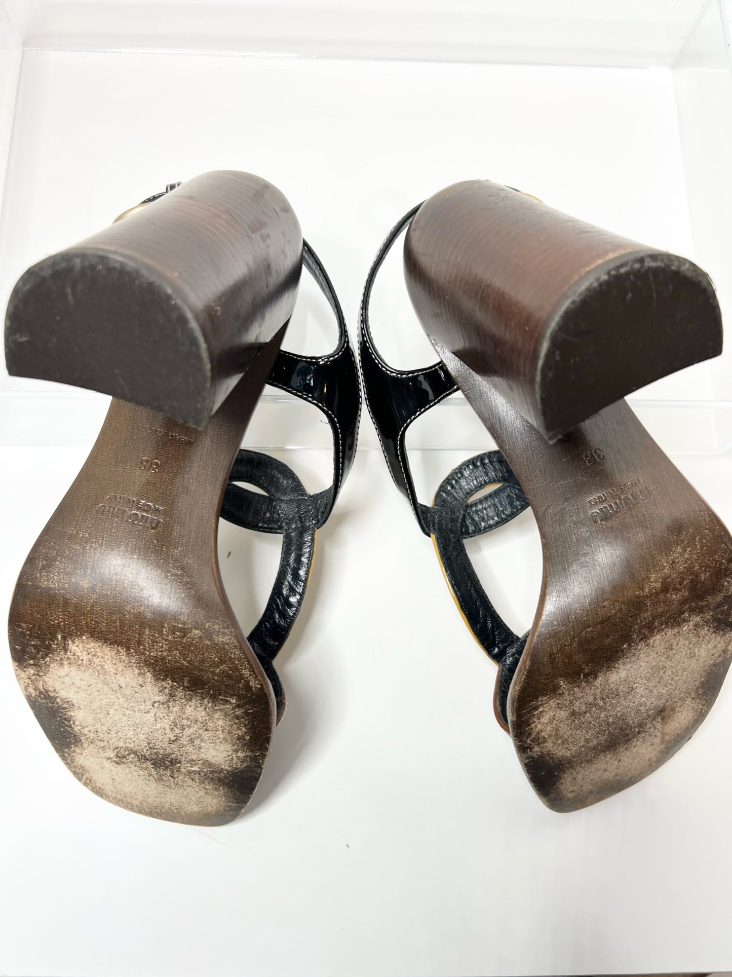 Miu Miu - Brown, Mustard & Black Color-blocked Patent Wooden Sandals, Size 38