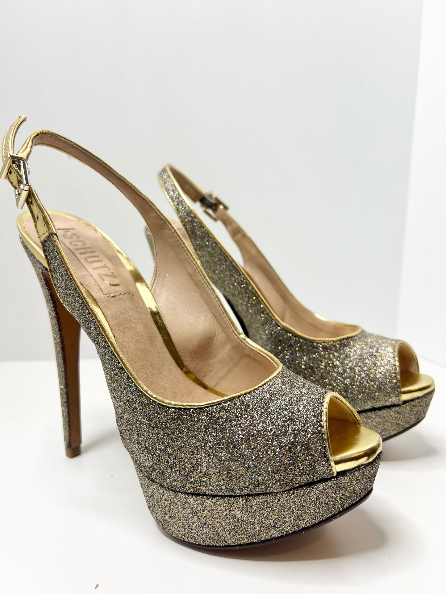 Schutz Gold Glitter Peep-toe Platform Slingbacks, Size 7