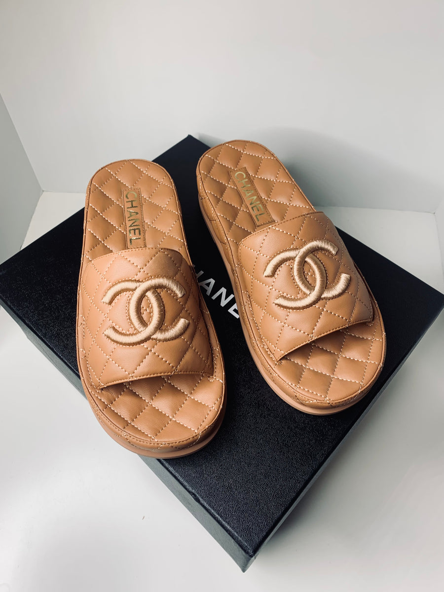 Chanel Lambskin Quilted CC Mules Sandals 38 Brown