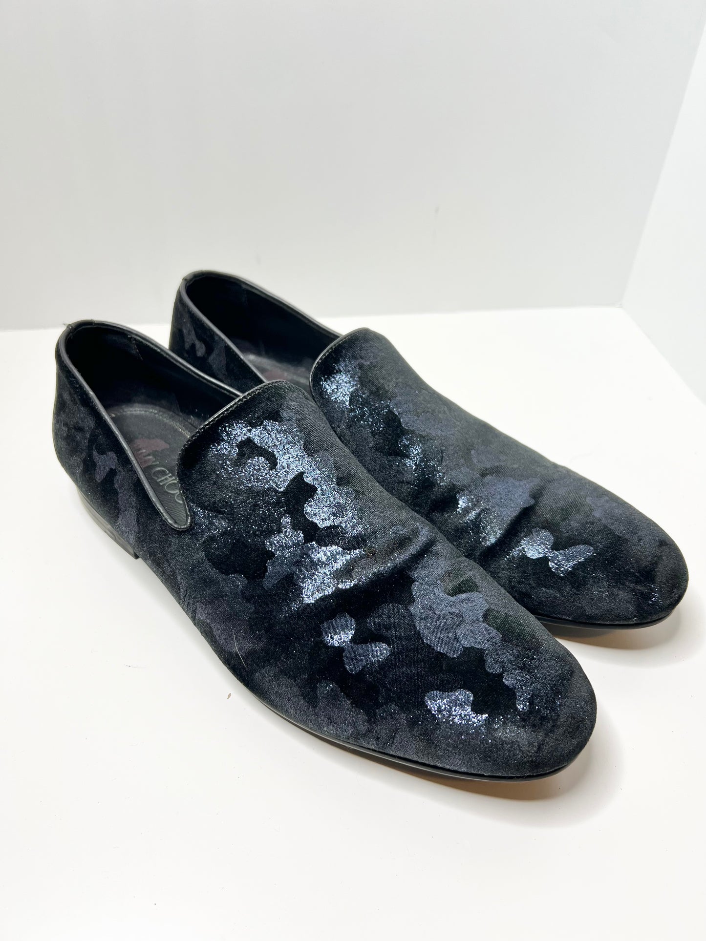 Jimmy Choo Men's Sloane Blue Camouflage Glitter Velvet Loafers (EU46/US12)