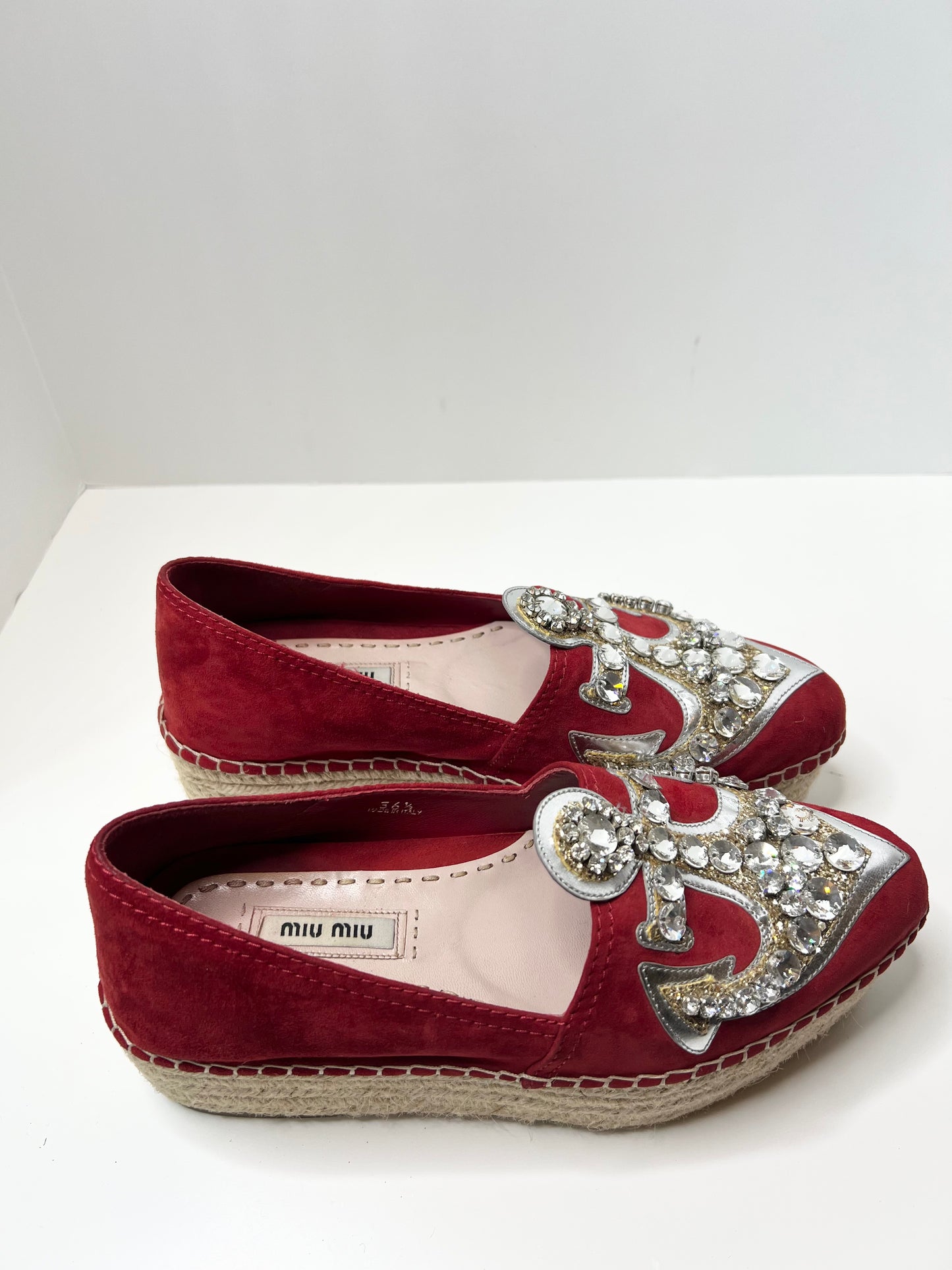 Miu Miu Red Suede Crystal Embellished Espadrilles, Size 36.5