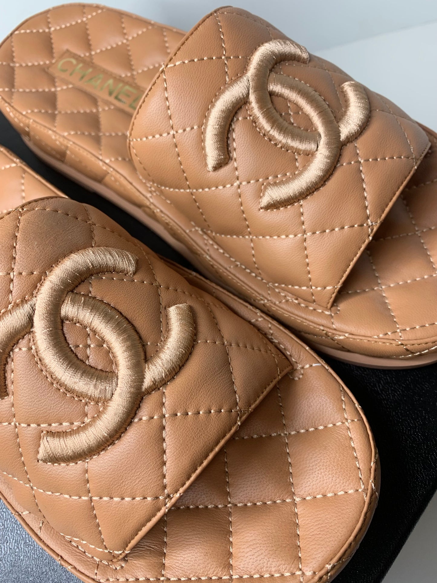 Chanel Lambskin Quilted CC Mules Sandals 38 Brown