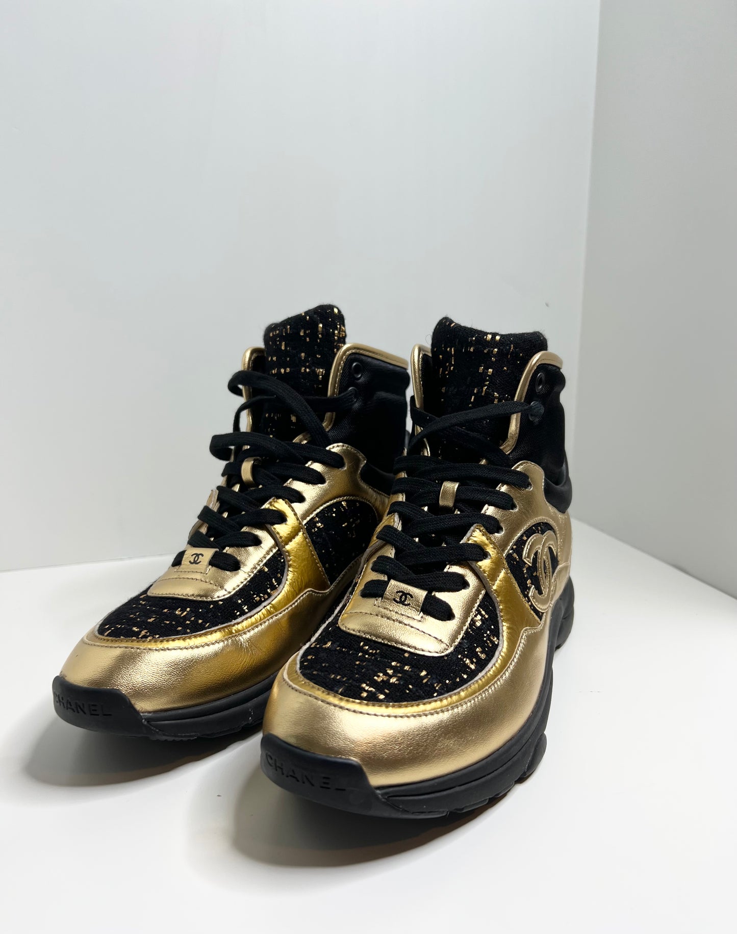 Chanel Black High Top Black & Gold Sneakers, Size 38.5