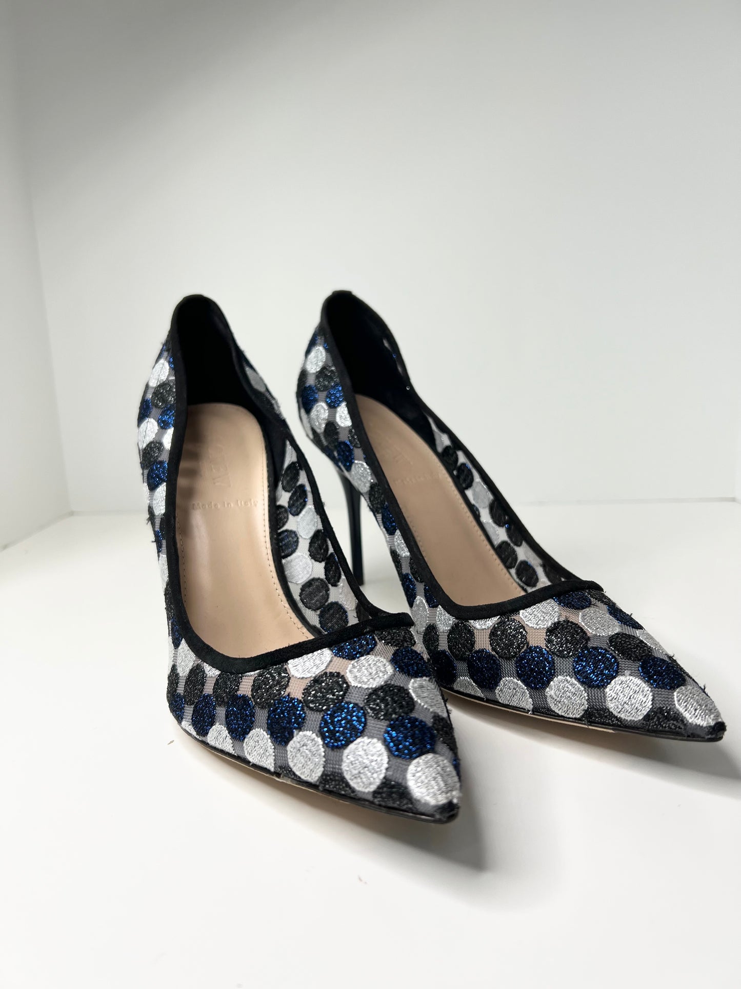 J Crew Collection Black-Navy-Silver Dotted Mesh/Suede Stiletto Size 8.5