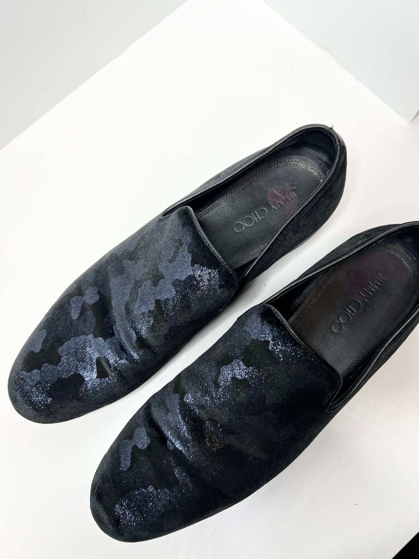 Jimmy Choo Men's Sloane Blue Camouflage Glitter Velvet Loafers (EU46/US12)