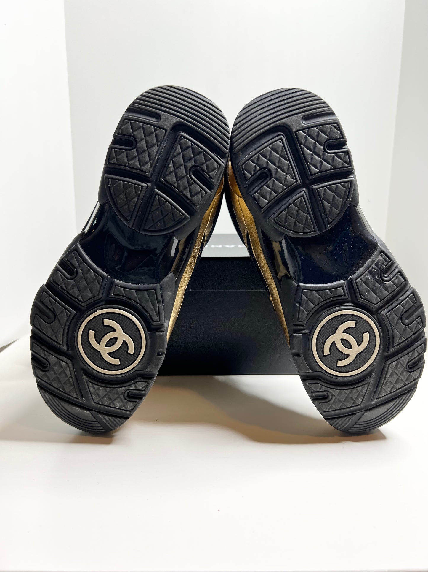 Chanel Black High Top Black & Gold Sneakers, Size 38.5