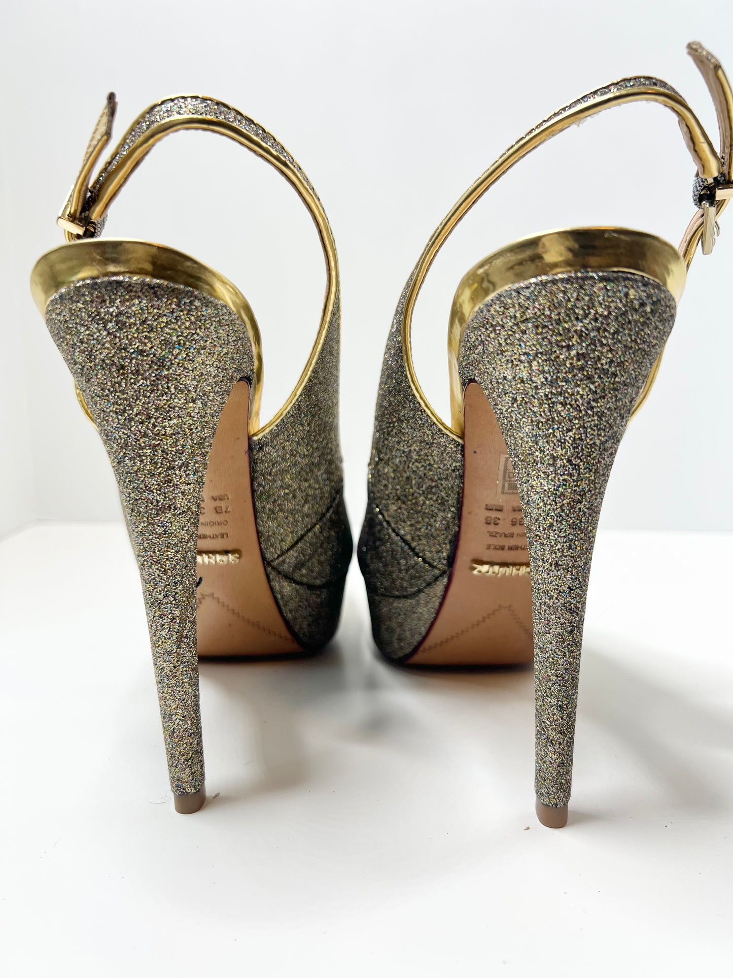 Schutz Gold Glitter Peep-toe Platform Slingbacks, Size 7