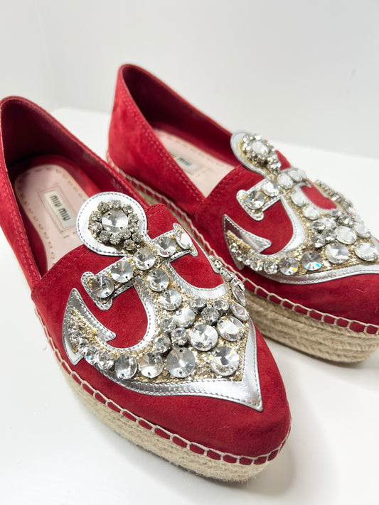 Miu Miu Red Suede Crystal Embellished Espadrilles, Size 36.5