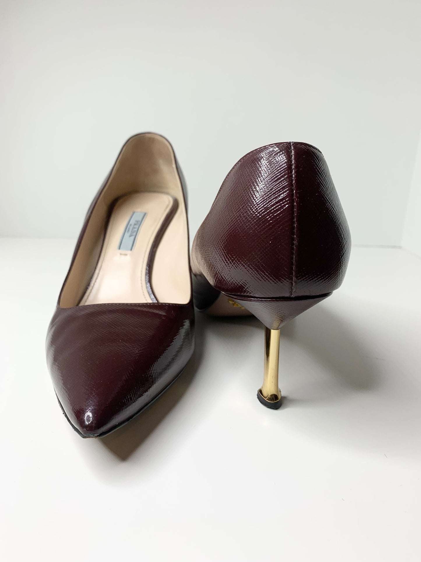 Prada Brown Saffiano Pumps w/ Metal Heel Size 38.5