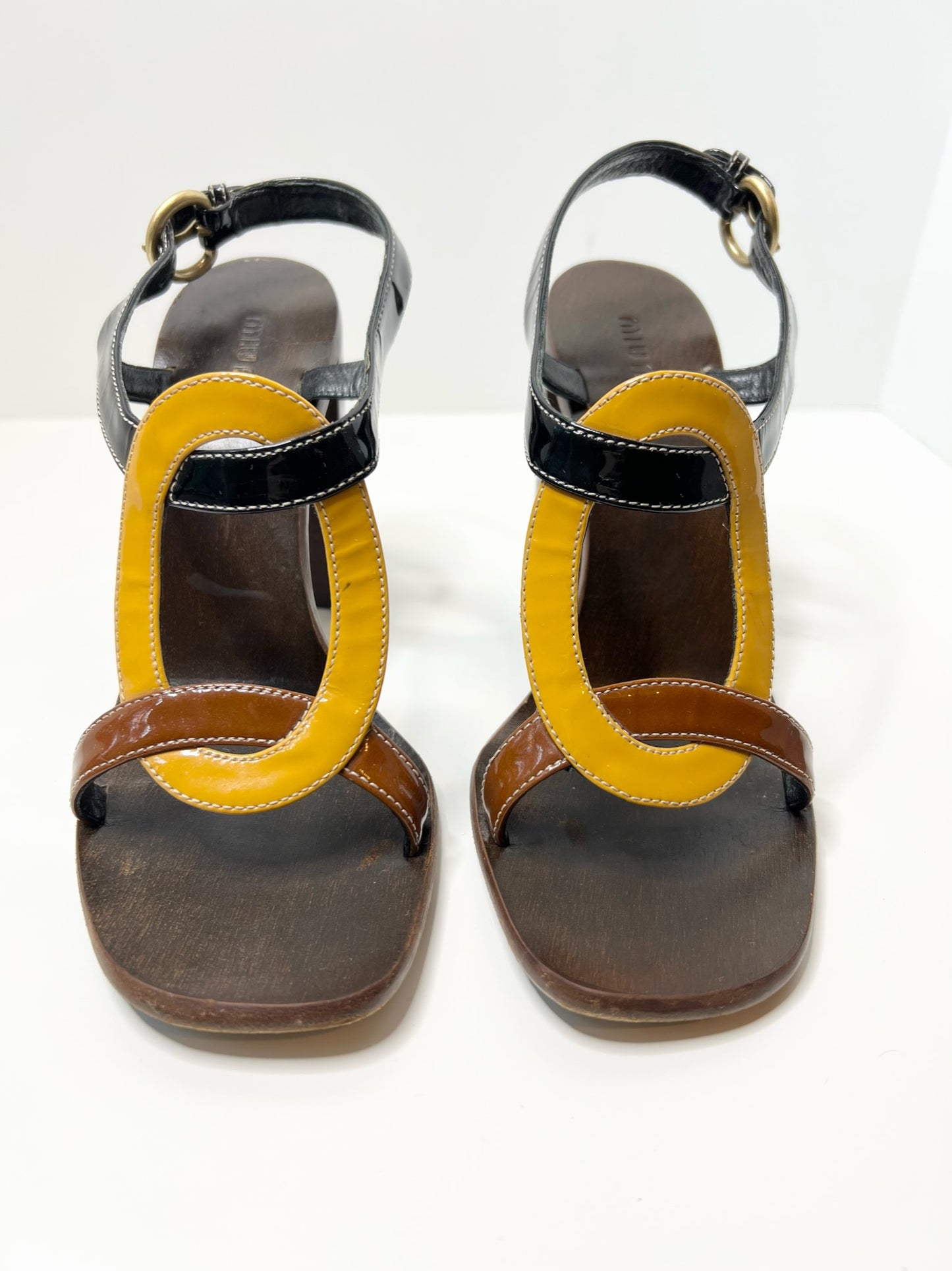 Miu Miu - Brown, Mustard & Black Color-blocked Patent Wooden Sandals, Size 38