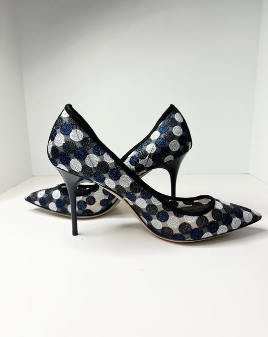 J Crew Collection Black-Navy-Silver Dotted Mesh/Suede Stiletto Size 8.5