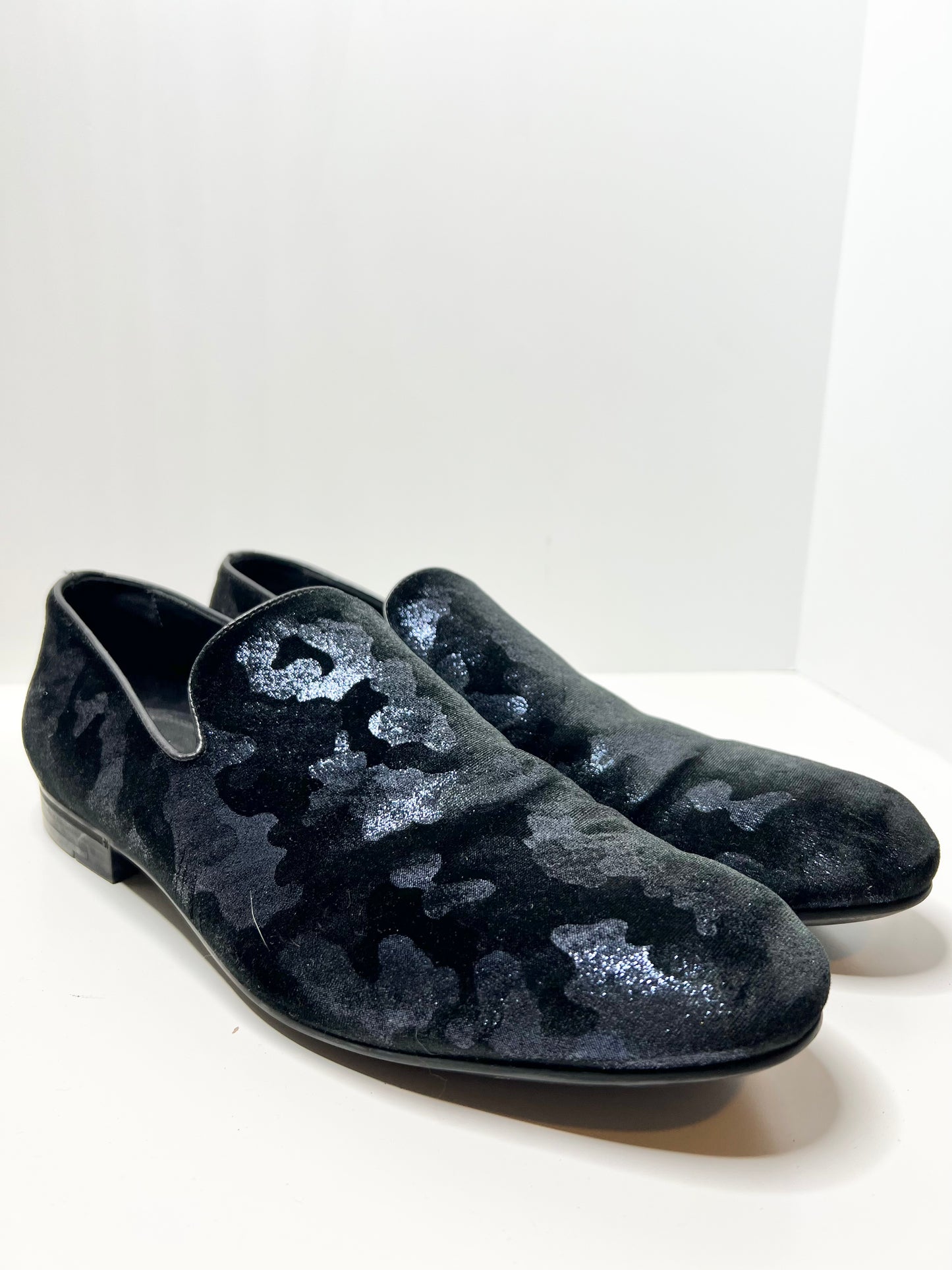 Jimmy Choo Men's Sloane Blue Camouflage Glitter Velvet Loafers (EU46/US12)