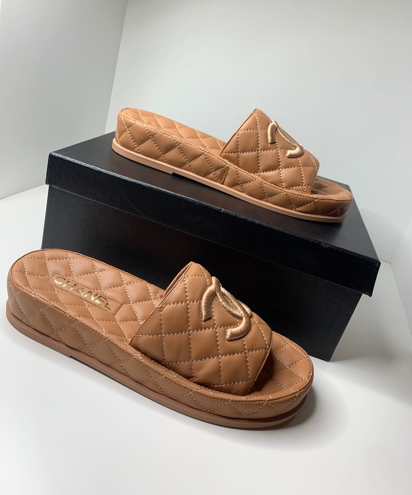 Chanel Lambskin Quilted CC Mules Sandals 38 Brown