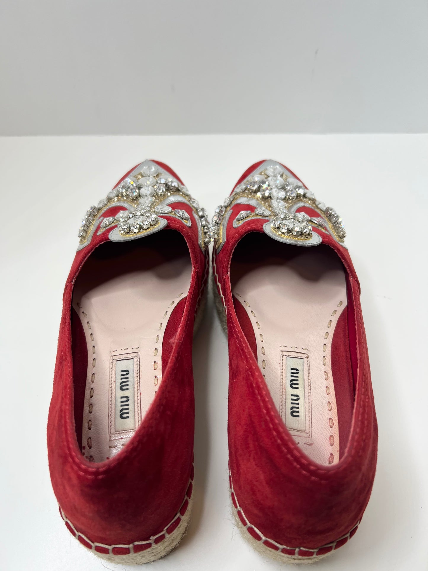 Miu Miu Red Suede Crystal Embellished Espadrilles, Size 36.5