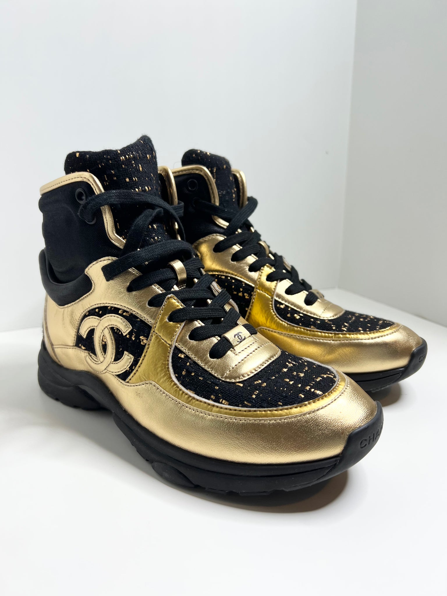 Chanel Black High Top Black & Gold Sneakers, Size 38.5 – MoMosCloset