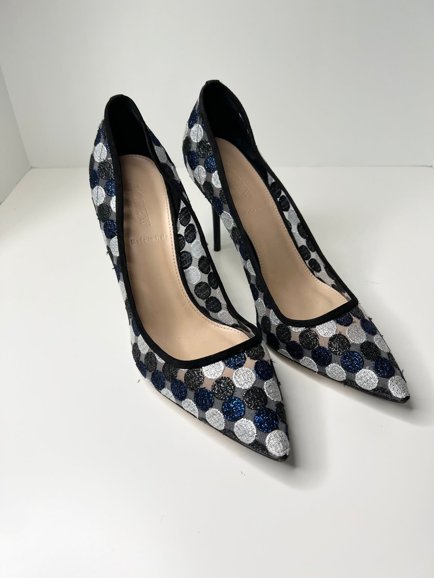 J Crew Collection Black-Navy-Silver Dotted Mesh/Suede Stiletto Size 8.5