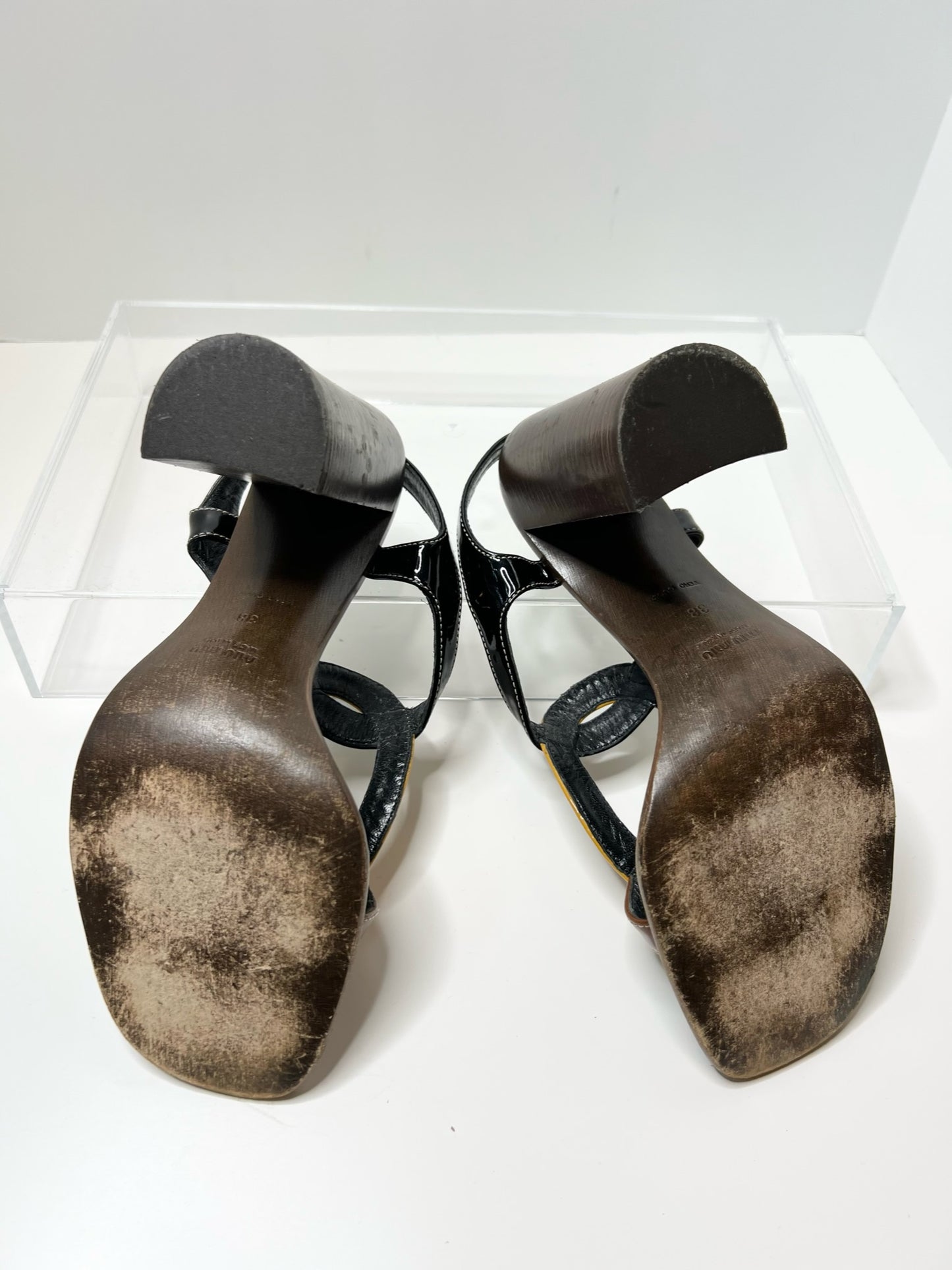 Miu Miu - Brown, Mustard & Black Color-blocked Patent Wooden Sandals, Size 38