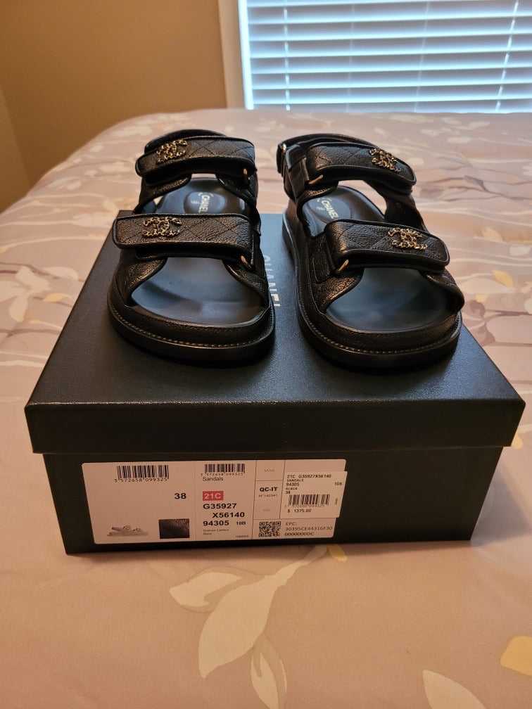 CHANEL Grained Calfskin Velcro Dad Sandals 38 Black – MoMosCloset