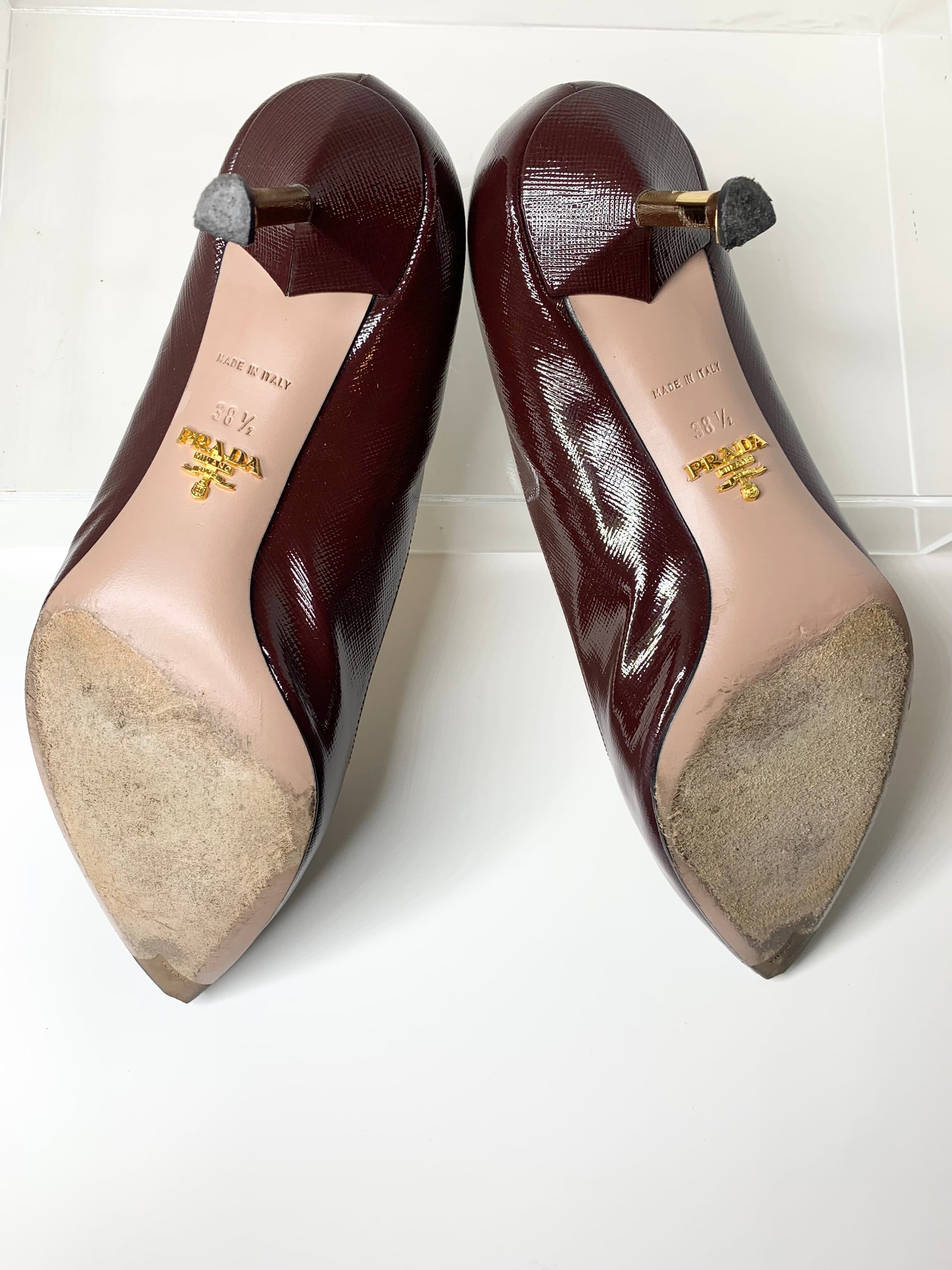 Prada Brown Saffiano Pumps w/ Metal Heel Size 38.5